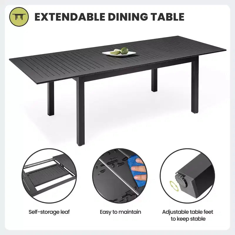 Crestlive Products Ensemble de salle à manger extensible 9 pièces pour patio Table rectangulaire d'extérieur en aluminium pour 6 à 8 personnes avec chaises