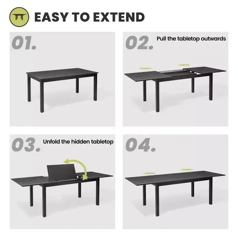 Crestlive Products Ensemble de salle à manger extensible 9 pièces pour patio Table rectangulaire d'extérieur en aluminium pour 6 à 8 personnes avec chaises