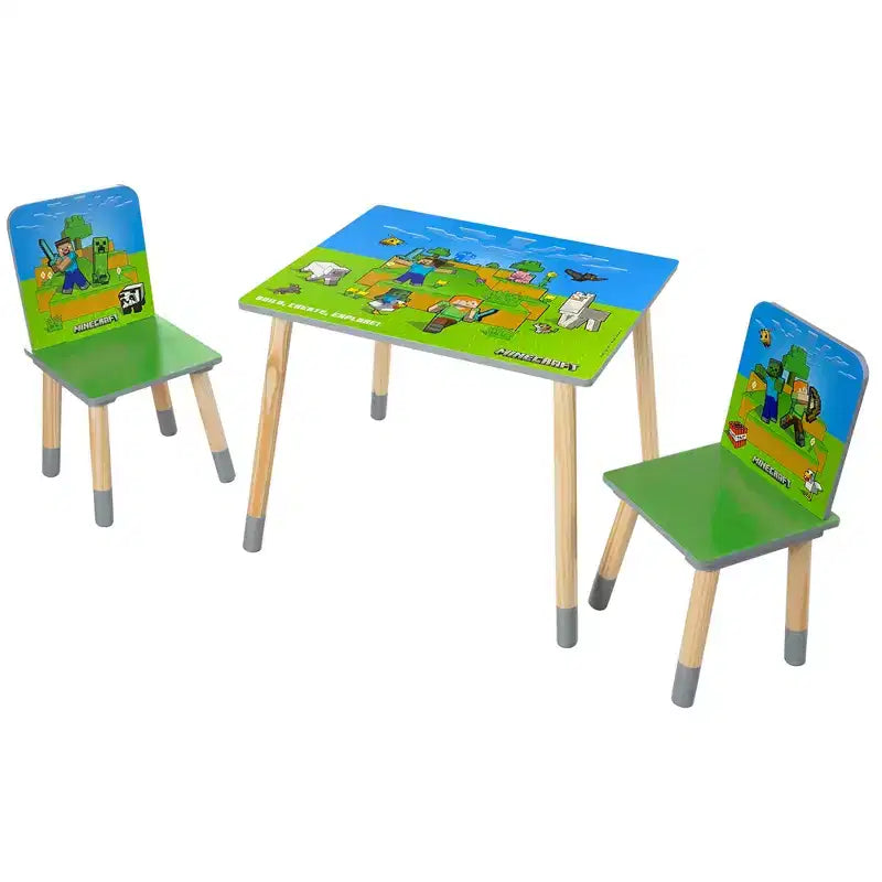 Minecraft Kids Wooden Table & Chair Set - Green & Blue, 3-Piece Decor
