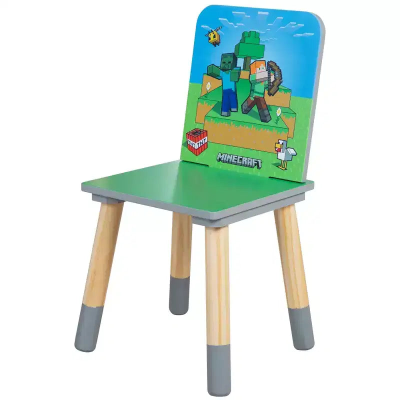 Ensemble Table et 2 Chaises en Bois pour Enfants Minecraft - Décoration 3 Pièces Vert & Bleu