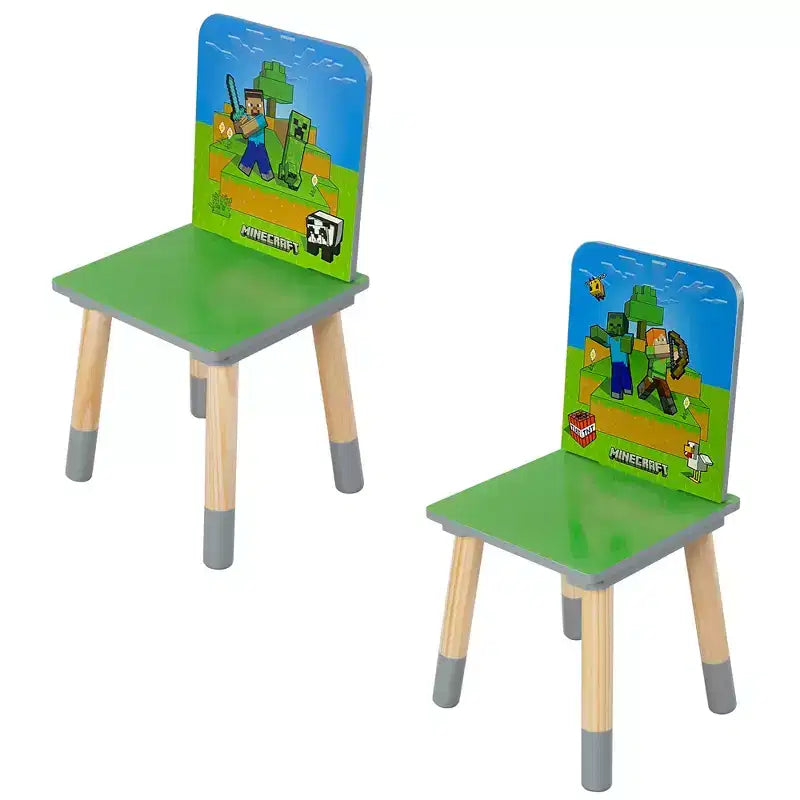 Ensemble Table et 2 Chaises en Bois pour Enfants Minecraft - Décoration 3 Pièces Vert & Bleu