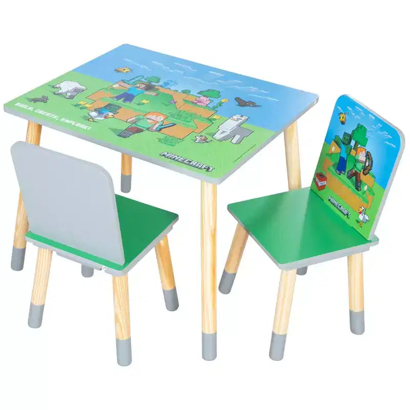 Ensemble Table et 2 Chaises en Bois pour Enfants Minecraft - Décoration 3 Pièces Vert & Bleu