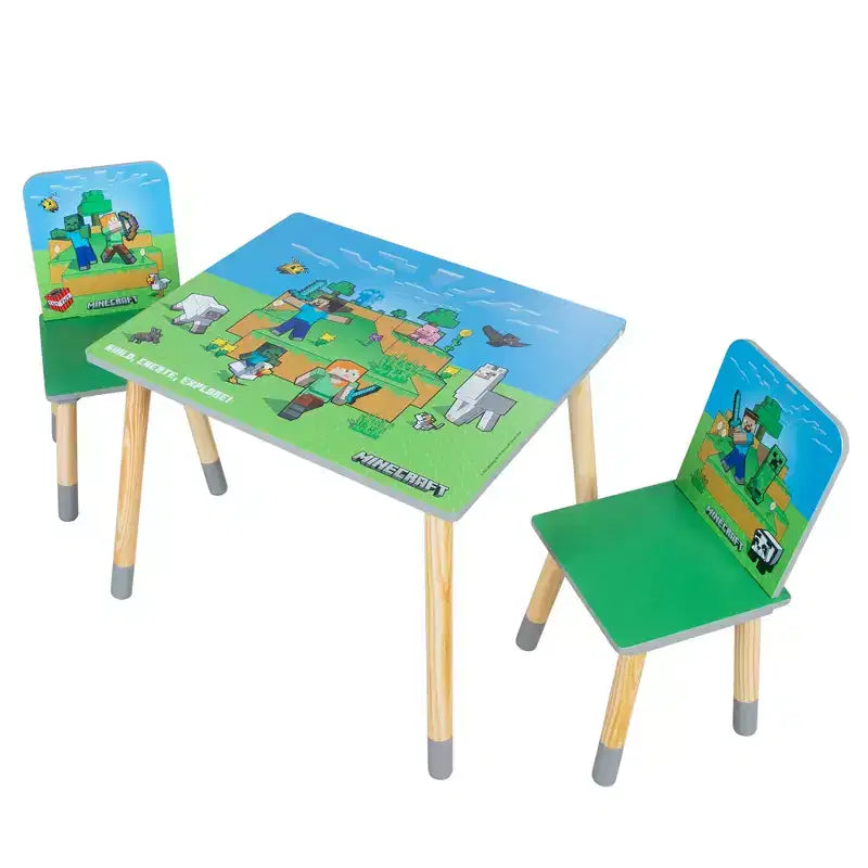 Ensemble Table et 2 Chaises en Bois pour Enfants Minecraft - Décoration 3 Pièces Vert & Bleu