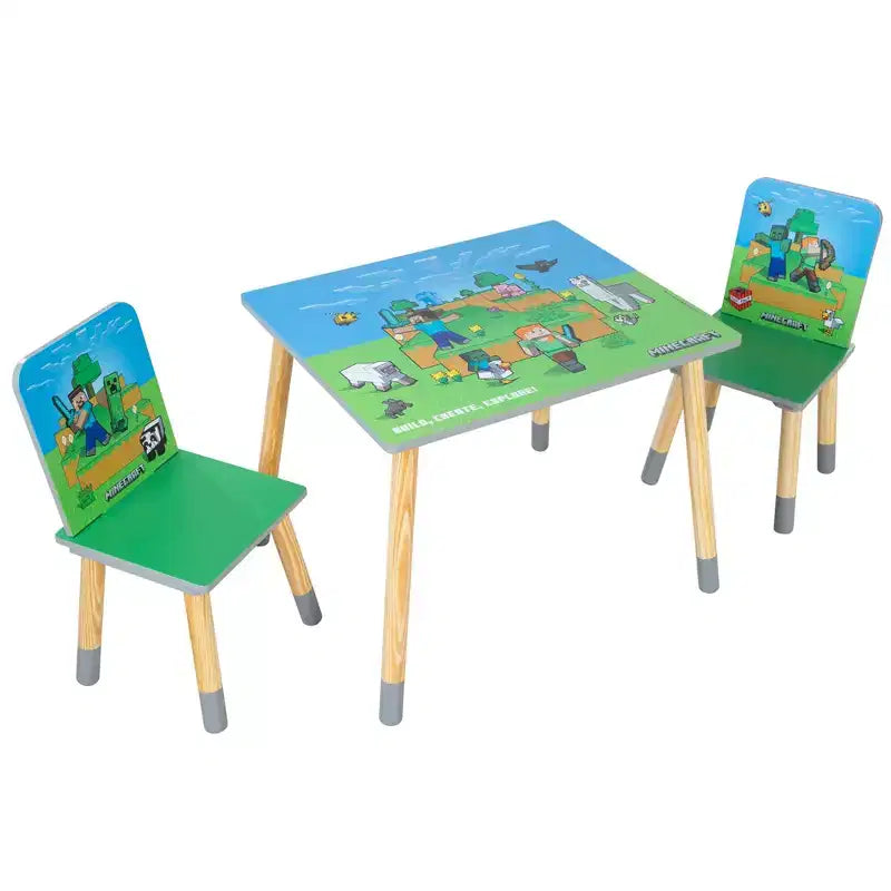 Ensemble Table et 2 Chaises en Bois pour Enfants Minecraft - Décoration 3 Pièces Vert & Bleu
