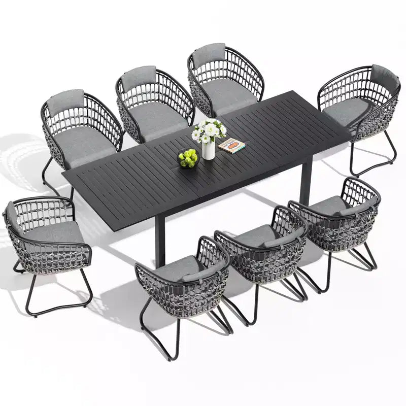 Crestlive Products - Ensemble de salle à manger extensible 9 pièces pour terrasse, table rectangulaire d'extérieur en aluminium pour 6 à 8 personnes avec chaises en rotin