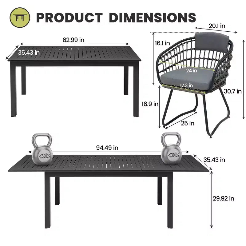 Crestlive Products - Ensemble de salle à manger extensible 9 pièces pour terrasse, table rectangulaire d'extérieur en aluminium pour 6 à 8 personnes avec chaises en rotin