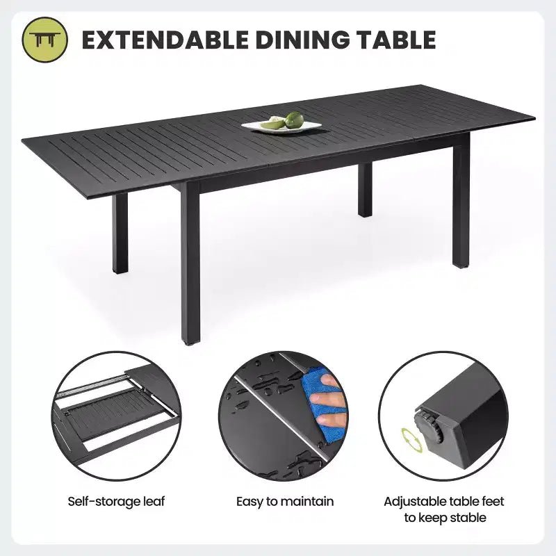 Crestlive Products - Ensemble de salle à manger extensible 9 pièces pour terrasse, table rectangulaire d'extérieur en aluminium pour 6 à 8 personnes avec chaises en rotin