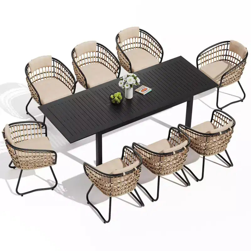 Crestlive Products - Ensemble de salle à manger extensible 9 pièces pour terrasse, table rectangulaire d'extérieur en aluminium pour 6 à 8 personnes avec chaises en rotin