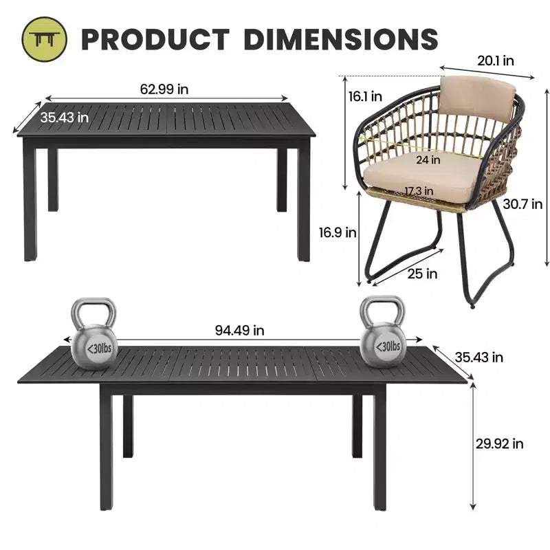 Crestlive Products - Ensemble de salle à manger extensible 9 pièces pour terrasse, table rectangulaire d'extérieur en aluminium pour 6 à 8 personnes avec chaises en rotin