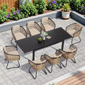 Crestlive Products 9pc Patio Expandable Dining Set Aluminum Outdoor Rectangular Table for 6 to 8 with Ratten Chairs