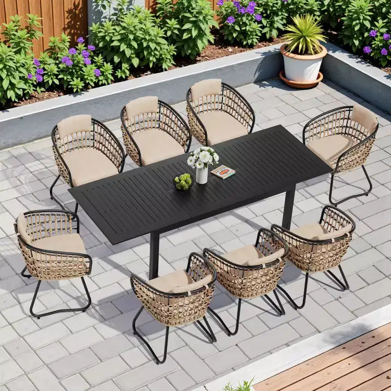 Crestlive Products 9pc Patio Expandable Dining Set Aluminum Outdoor Rectangular Table for 6 to 8 with Ratten Chairs