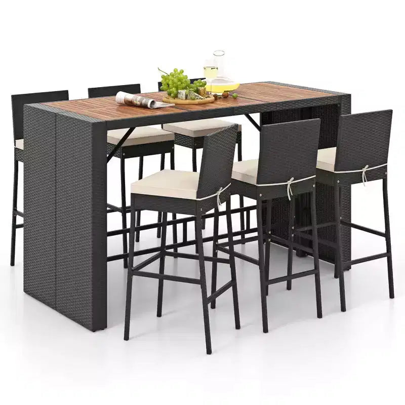 Costway 7 Pieces Patio Bar Set with Acacia Wood Tabletop & Removable Cushions Outdoor
