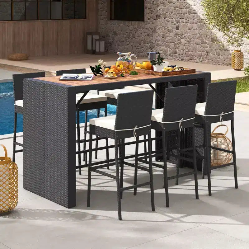 Ensemble de bar de terrasse Costway 7 pièces avec plateau de table en bois d'acacia et coussins amovibles pour l'extérieur