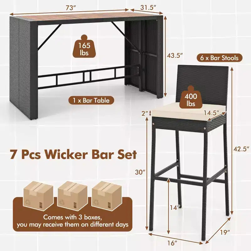Ensemble de bar de terrasse Costway 7 pièces avec plateau de table en bois d'acacia et coussins amovibles pour l'extérieur