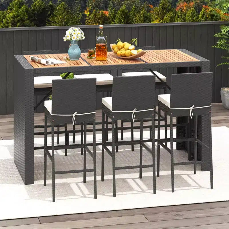 Ensemble de bar de terrasse Costway 7 pièces avec plateau de table en bois d'acacia et coussins amovibles pour l'extérieur