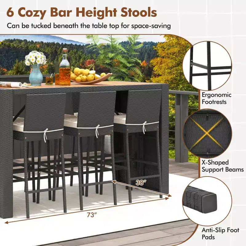 Ensemble de bar de terrasse Costway 7 pièces avec plateau de table en bois d'acacia et coussins amovibles pour l'extérieur