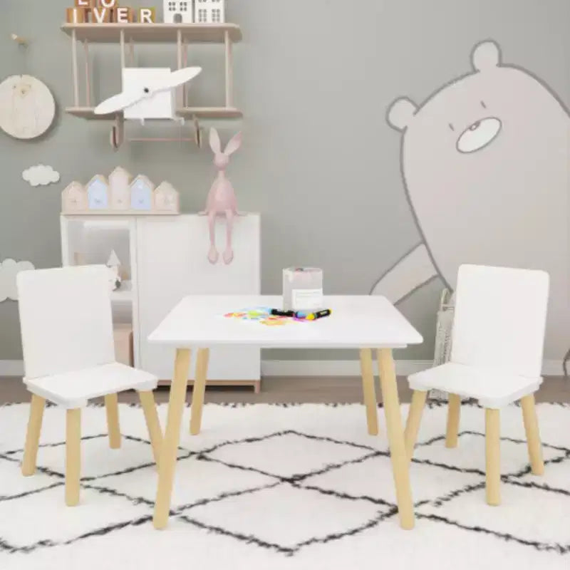 Kids Table and 2 Chairs Set, 3 Pieces Toddler Table and Chair Set, Wooden Activity Play Table Set (White)