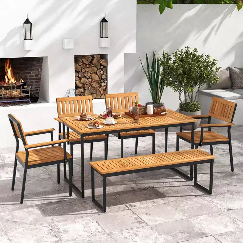 Costway 6 PCS Outdoor Acacia Wood Dining Set with Bench 2 Umbrella Hole for 6-7 People