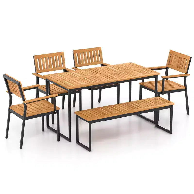 Costway Ensemble de salle à manger d'extérieur 6 pièces en bois d'acacia avec banc et 2 trous pour parasol, pour 6-7 personnes