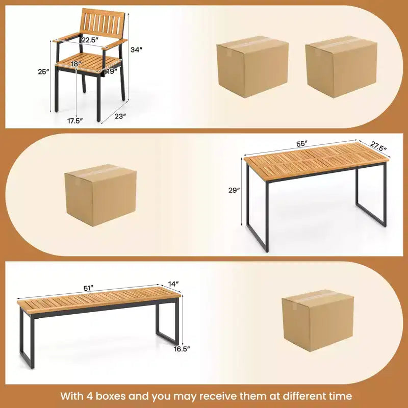 Costway Ensemble de salle à manger d'extérieur 6 pièces en bois d'acacia avec banc et 2 trous pour parasol, pour 6-7 personnes