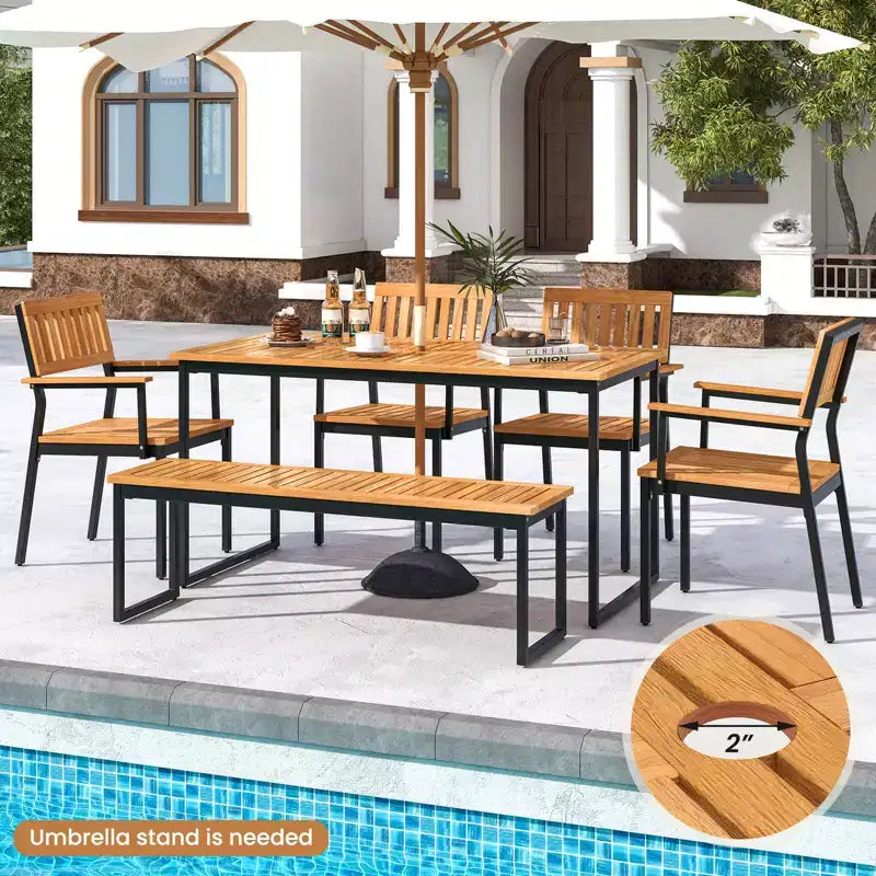 Costway Ensemble de salle à manger d'extérieur 6 pièces en bois d'acacia avec banc et 2 trous pour parasol, pour 6-7 personnes