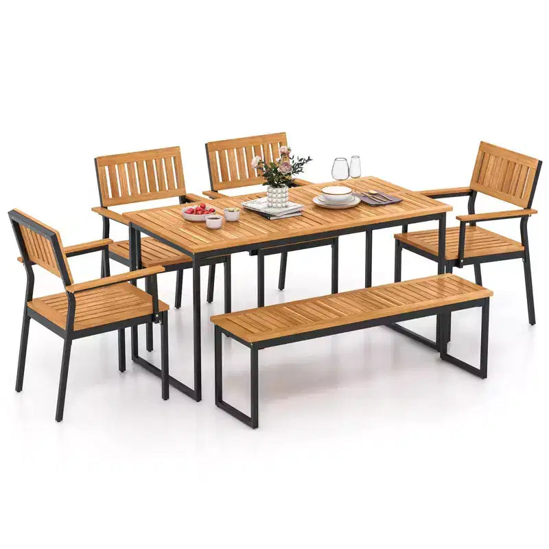 Costway Ensemble de salle à manger d'extérieur 6 pièces en bois d'acacia avec banc et 2 trous pour parasol, pour 6-7 personnes