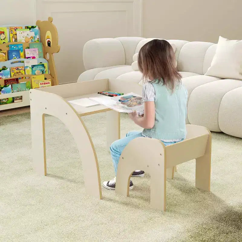 Ensemble Table et 2 Chaises Enfants, Meuble En Bois Massif, Bureau pour Enfant, Hauteur Appropriée, Naturel/Blanc