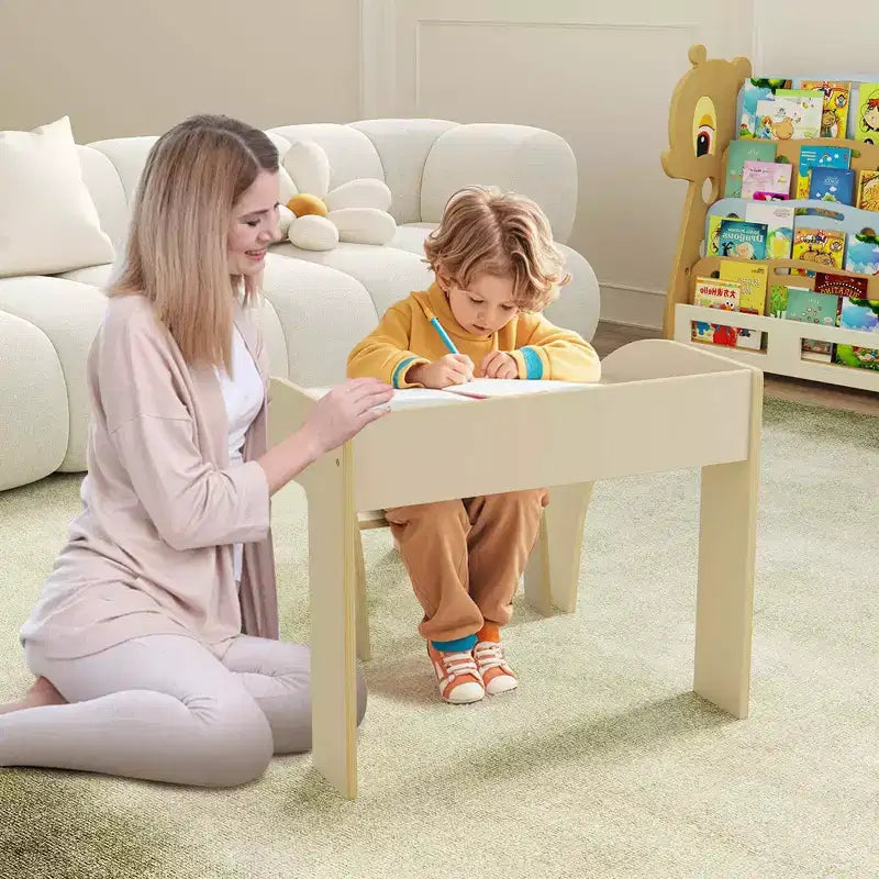 Ensemble Table et 2 Chaises Enfants, Meuble En Bois Massif, Bureau pour Enfant, Hauteur Appropriée, Naturel/Blanc