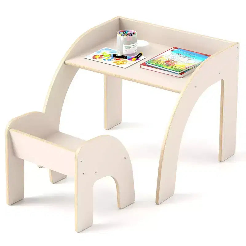 Ensemble Table et 2 Chaises Enfants, Meuble En Bois Massif, Bureau pour Enfant, Hauteur Appropriée, Naturel/Blanc