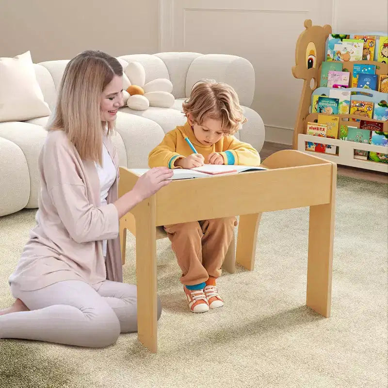 Ensemble Table et 2 Chaises Enfants, Meuble En Bois Massif, Bureau pour Enfant, Hauteur Appropriée, Naturel/Blanc