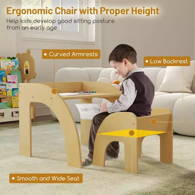 Ensemble Table et 2 Chaises Enfants, Meuble En Bois Massif, Bureau pour Enfant, Hauteur Appropriée, Naturel/Blanc