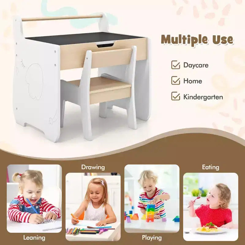 Costway Ensemble Table et Chaises en Bois 3-en-1 pour Enfants avec Plateau Détachable et Rangement Caché pour Rouleau de Papier