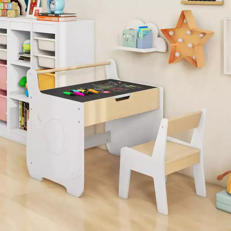 Costway Ensemble Table et Chaises en Bois 3-en-1 pour Enfants avec Plateau Détachable et Rangement Caché pour Rouleau de Papier