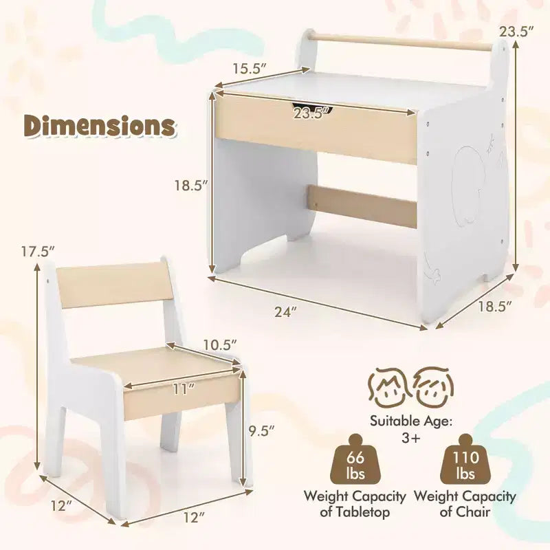 Costway Ensemble Table et Chaises en Bois 3-en-1 pour Enfants avec Plateau Détachable et Rangement Caché pour Rouleau de Papier