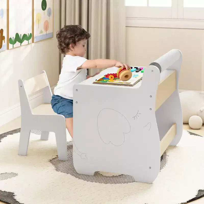 Costway Ensemble Table et Chaises en Bois 3-en-1 pour Enfants avec Plateau Détachable et Rangement Caché pour Rouleau de Papier