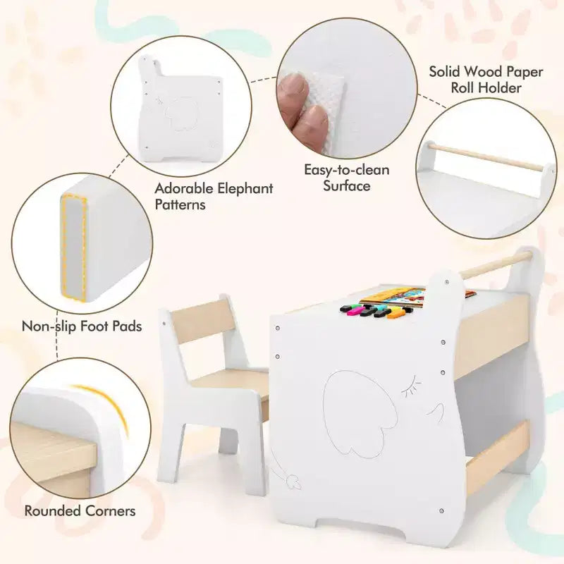 Costway Ensemble Table et Chaises en Bois 3-en-1 pour Enfants avec Plateau Détachable et Rangement Caché pour Rouleau de Papier