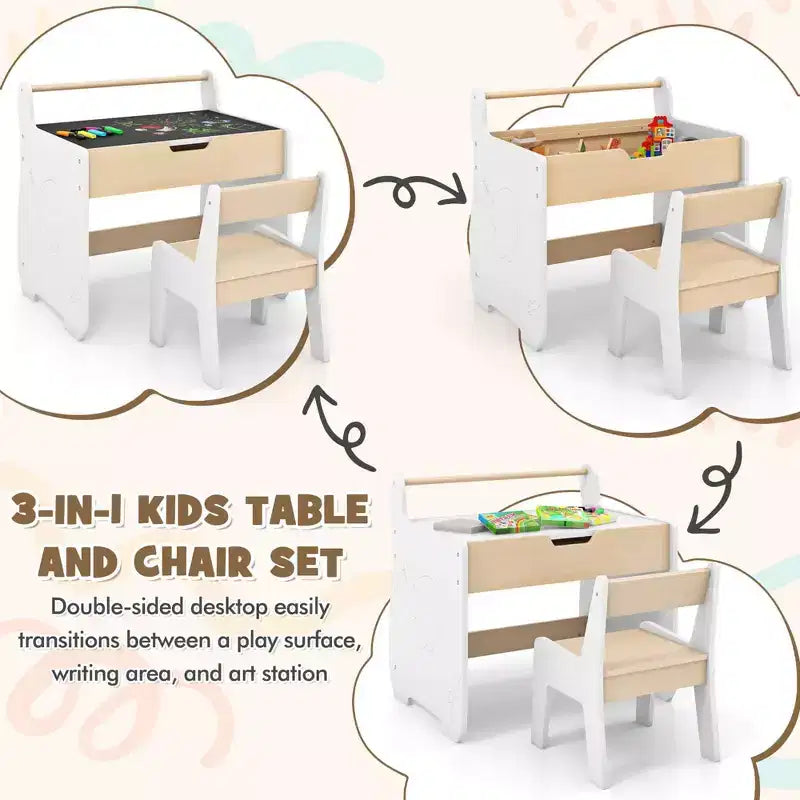 Costway Ensemble Table et Chaises en Bois 3-en-1 pour Enfants avec Plateau Détachable et Rangement Caché pour Rouleau de Papier