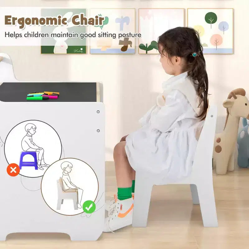 Costway Ensemble Table et Chaises en Bois 3-en-1 pour Enfants avec Plateau Détachable et Rangement Caché pour Rouleau de Papier