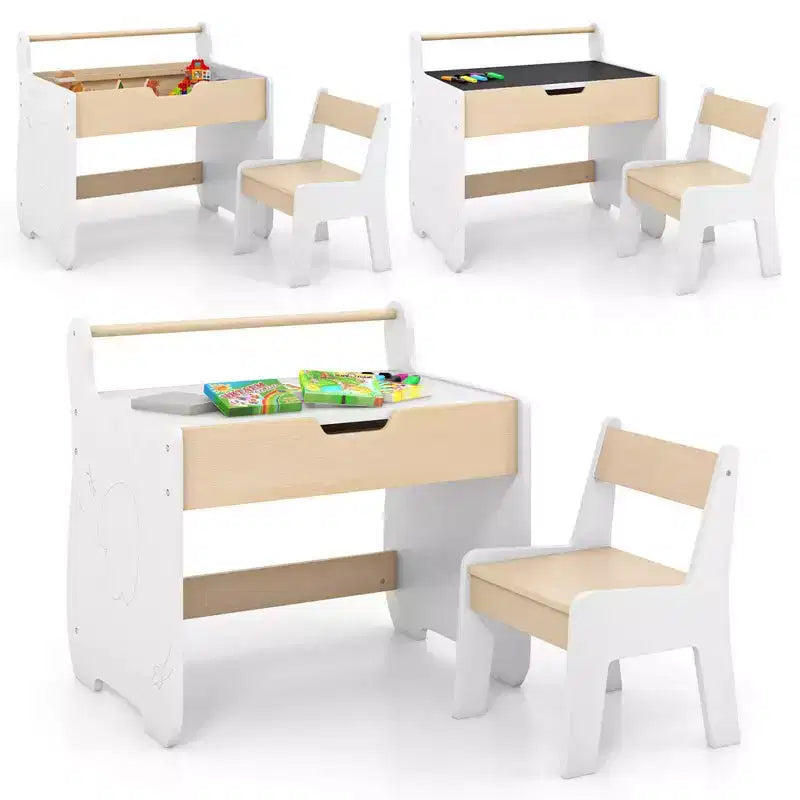 Costway Ensemble Table et Chaises en Bois 3-en-1 pour Enfants avec Plateau Détachable et Rangement Caché pour Rouleau de Papier
