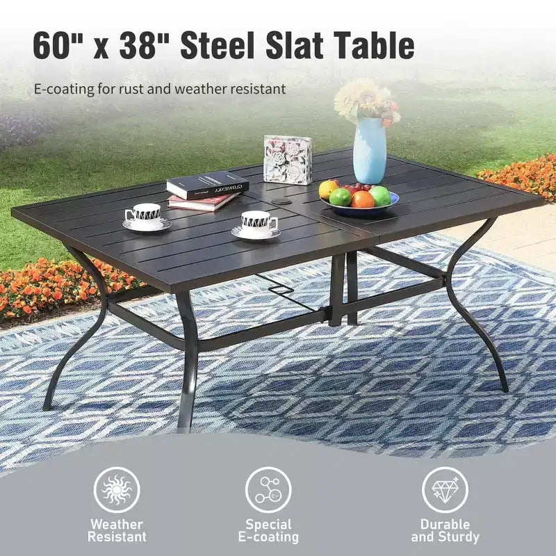 Captiva Designs Ensemble 8 pièces : Table de salle à manger rectangulaire en acier, chaises en métal rembourrées et parasol déporté