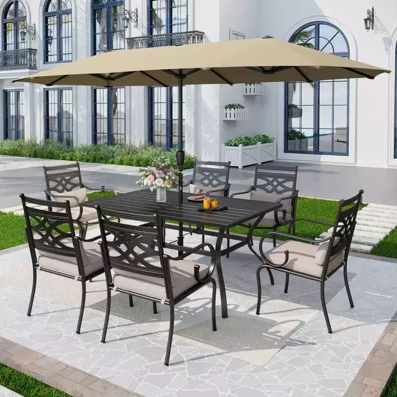 Captiva Designs 8Pc Outdoor Steel Rectangle Dining Table & Cushioned Metal Chairs & Market Umbrella