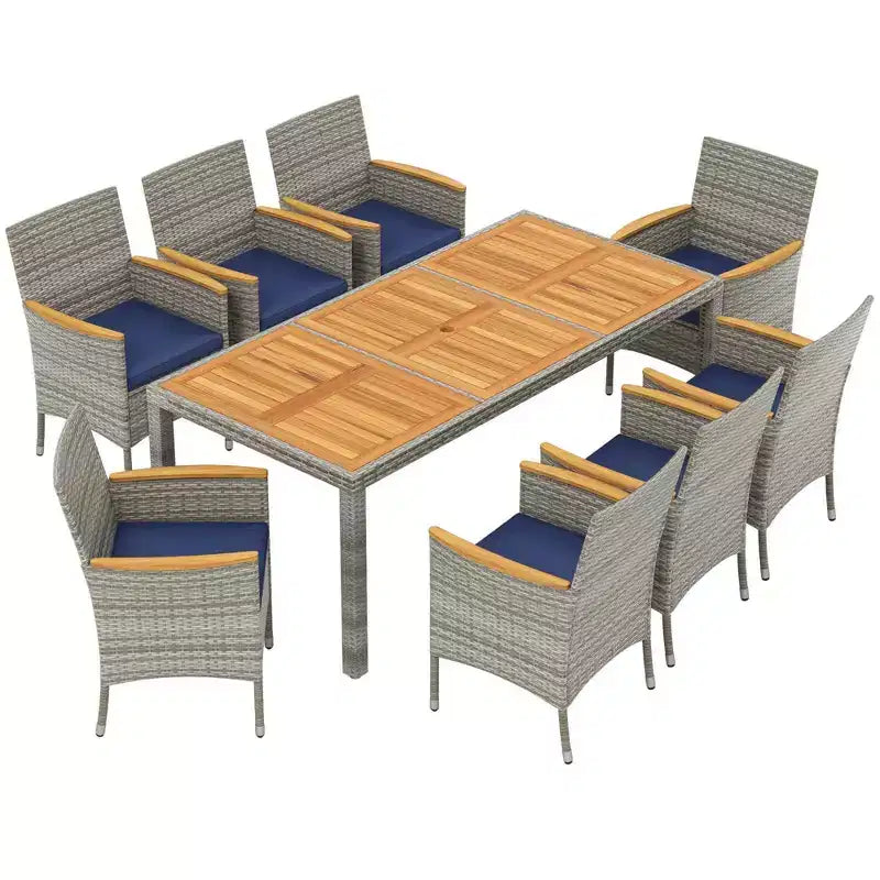 Costway Ensemble de salle à manger d'extérieur 9 pièces pour 8 personnes avec table et chaises en rotin PE et 2 trous pour parasol Bleu marine/Blanc
