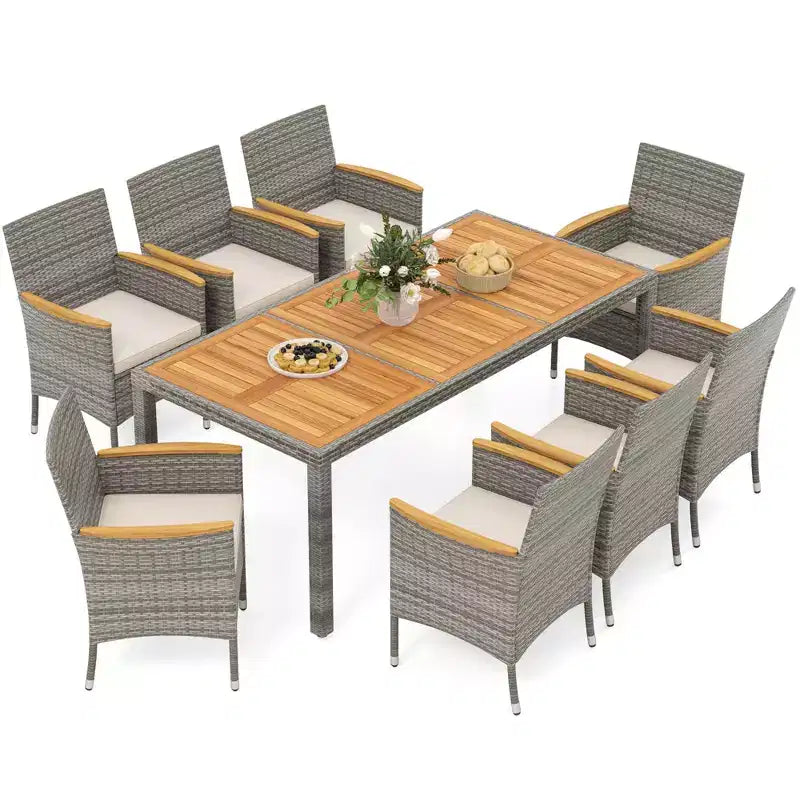 Costway Ensemble de salle à manger d'extérieur 9 pièces pour 8 personnes avec table et chaises en rotin PE et 2 trous pour parasol Bleu marine/Blanc