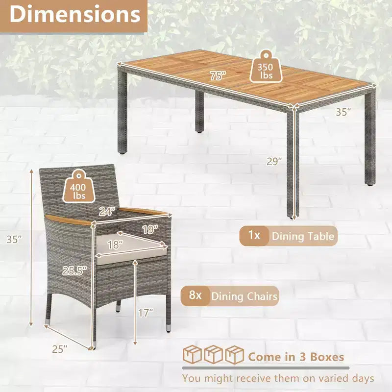Costway Ensemble de salle à manger d'extérieur 9 pièces pour 8 personnes avec table et chaises en rotin PE et 2 trous pour parasol Bleu marine/Blanc