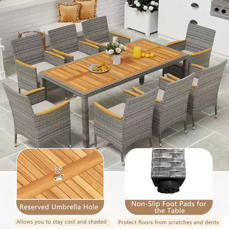 Costway Ensemble de salle à manger d'extérieur 9 pièces pour 8 personnes avec table et chaises en rotin PE et 2 trous pour parasol Bleu marine/Blanc