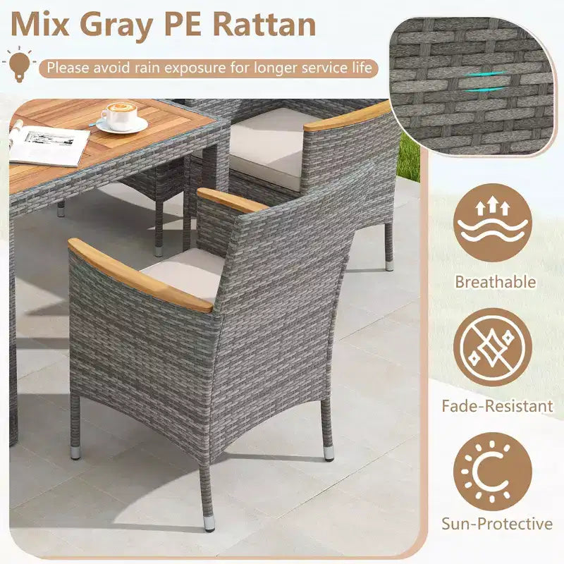 Costway Ensemble de salle à manger d'extérieur 9 pièces pour 8 personnes avec table et chaises en rotin PE et 2 trous pour parasol Bleu marine/Blanc