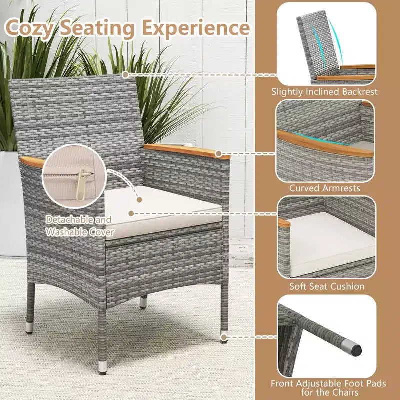 Costway Ensemble de salle à manger d'extérieur 9 pièces pour 8 personnes avec table et chaises en rotin PE et 2 trous pour parasol Bleu marine/Blanc