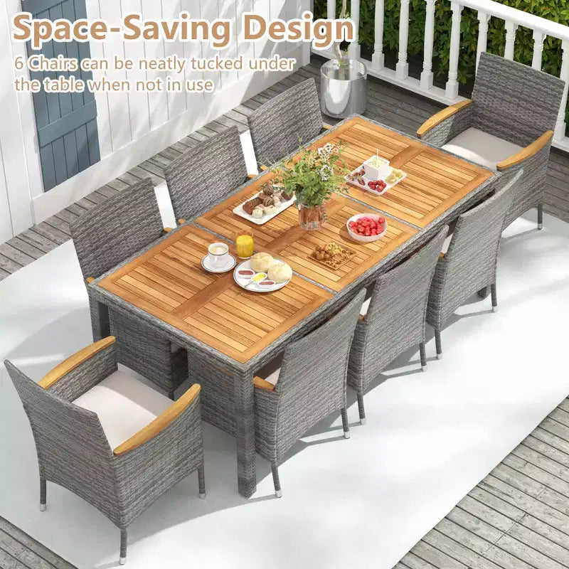 Costway Ensemble de salle à manger d'extérieur 9 pièces pour 8 personnes avec table et chaises en rotin PE et 2 trous pour parasol Bleu marine/Blanc