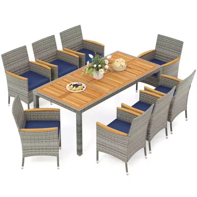 Costway Ensemble de salle à manger d'extérieur 9 pièces pour 8 personnes avec table et chaises en rotin PE et 2 trous pour parasol Bleu marine/Blanc