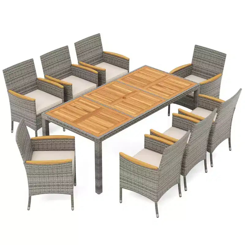 Costway Ensemble de salle à manger d'extérieur 9 pièces pour 8 personnes avec table et chaises en rotin PE et 2 trous pour parasol Bleu marine/Blanc